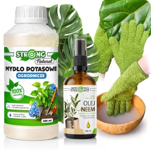 STRONG CLEAN PLANT – zestaw do nabłyszczania i pielęgnacji liści: mydło potasowe, neem i rękawice Ziemiórki, Mszyce