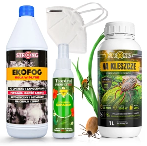 ZESTAW STRONG NA KLESZCZE wydajny oprysk na KLESZCZE 1 l + EKOFOG  eko-wspomagacz 1 l + SPRAY TROPICAL 15% DEET 100 ML + MASECZKA MASKA OCHRONNA FFP2 do zabiegów