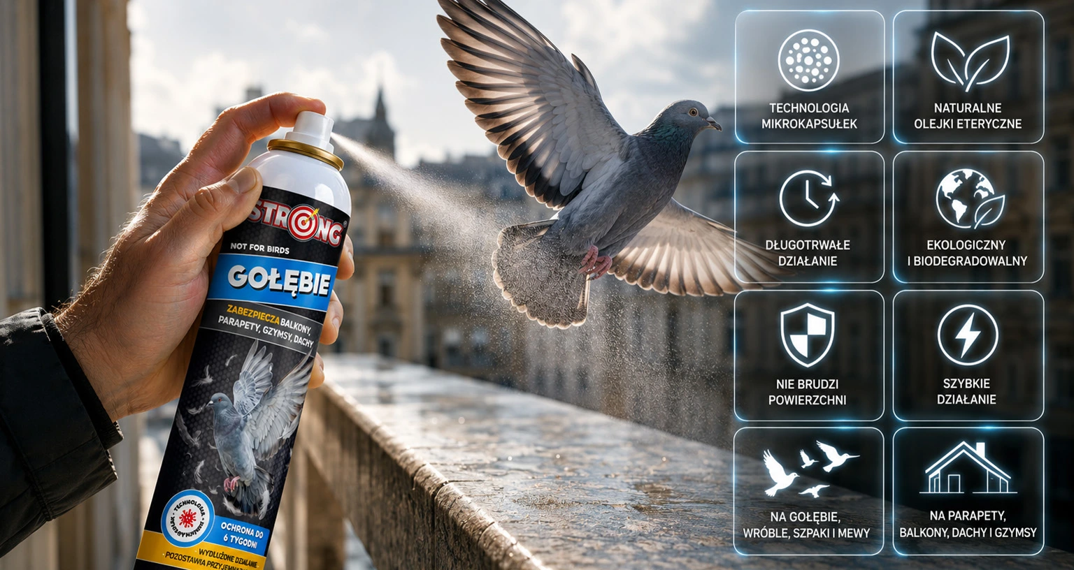 Dłoń rozpylająca spray Strong Gołębie w kierunku odlatującego gołębia na balkonie, obok ikon opisujących technologię mikrokapsułek, naturalne olejki eteryczne i długotrwałe działanie produktu
