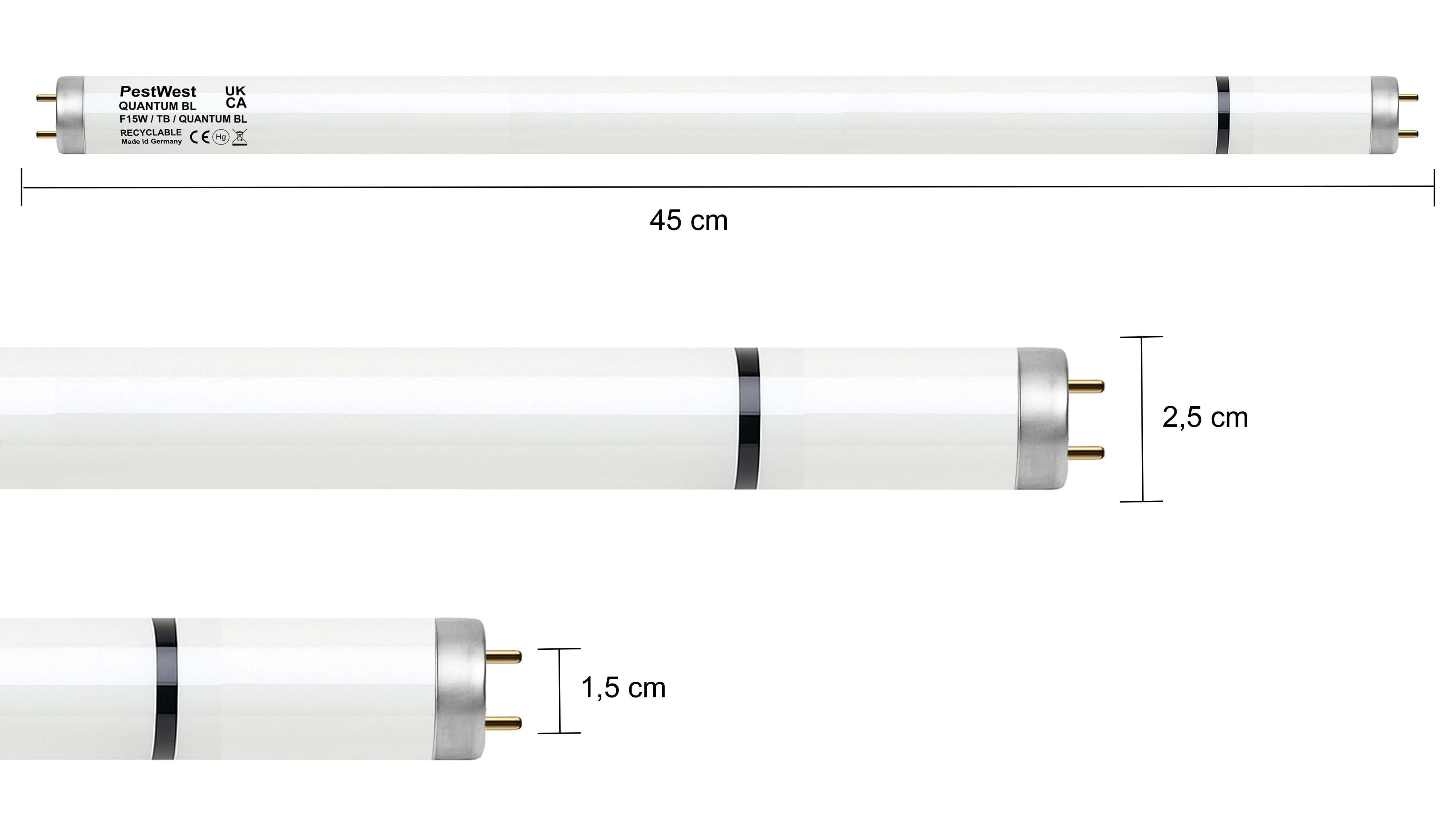 Świetlówka PestWest Quantum BL F15W/T8 o długości 45 cm i średnicy 2,5 cm, z pinami o długości 1,5 cm i czarnym paskiem – przeznaczona do lamp owadobójczych.