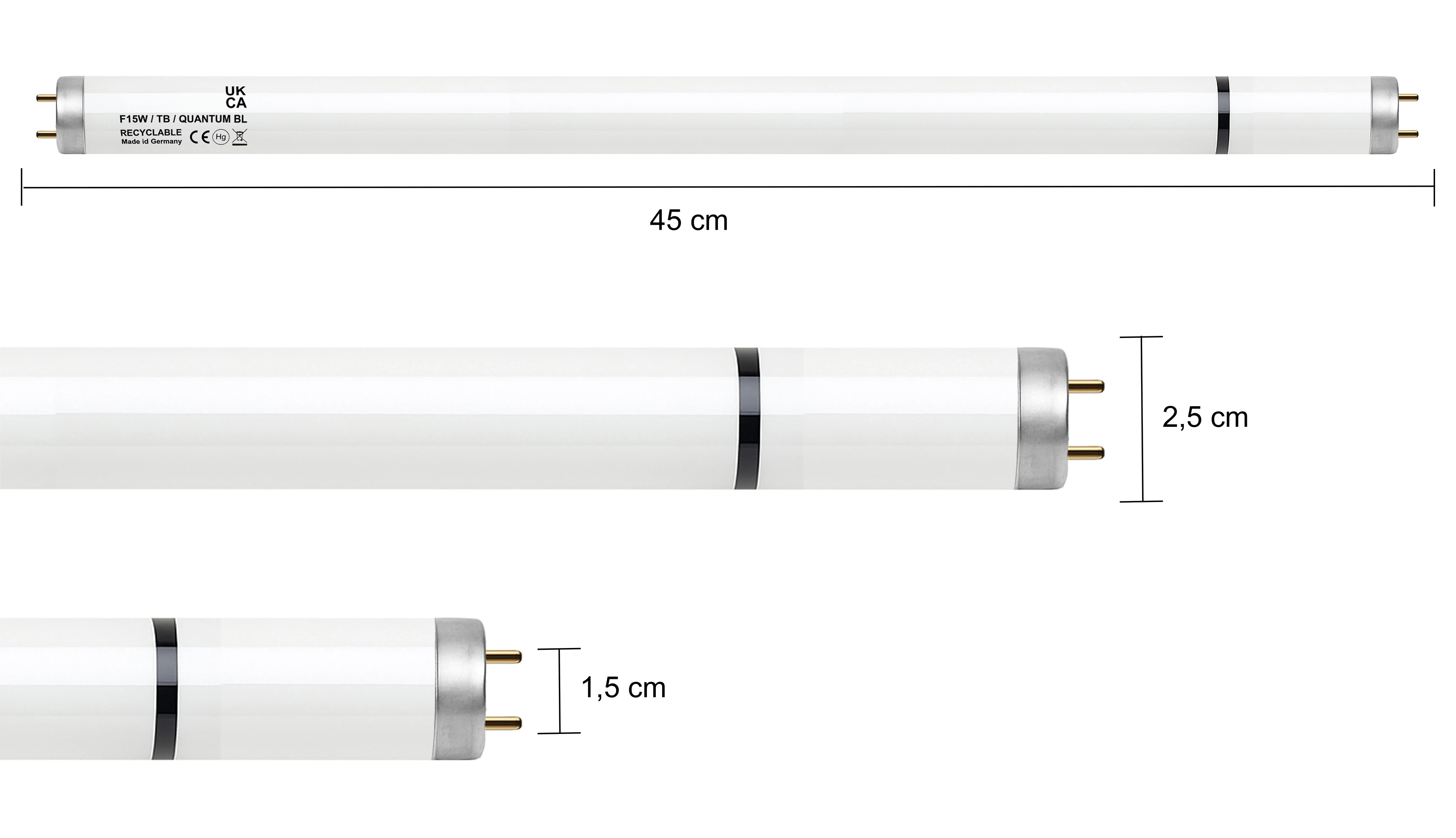 Świetlówka PestWest Quantum BL F15W/T8, biała z czarnym paskiem przy trzonku i dwoma złotymi pinami, przeznaczona do lamp owadobójczych.