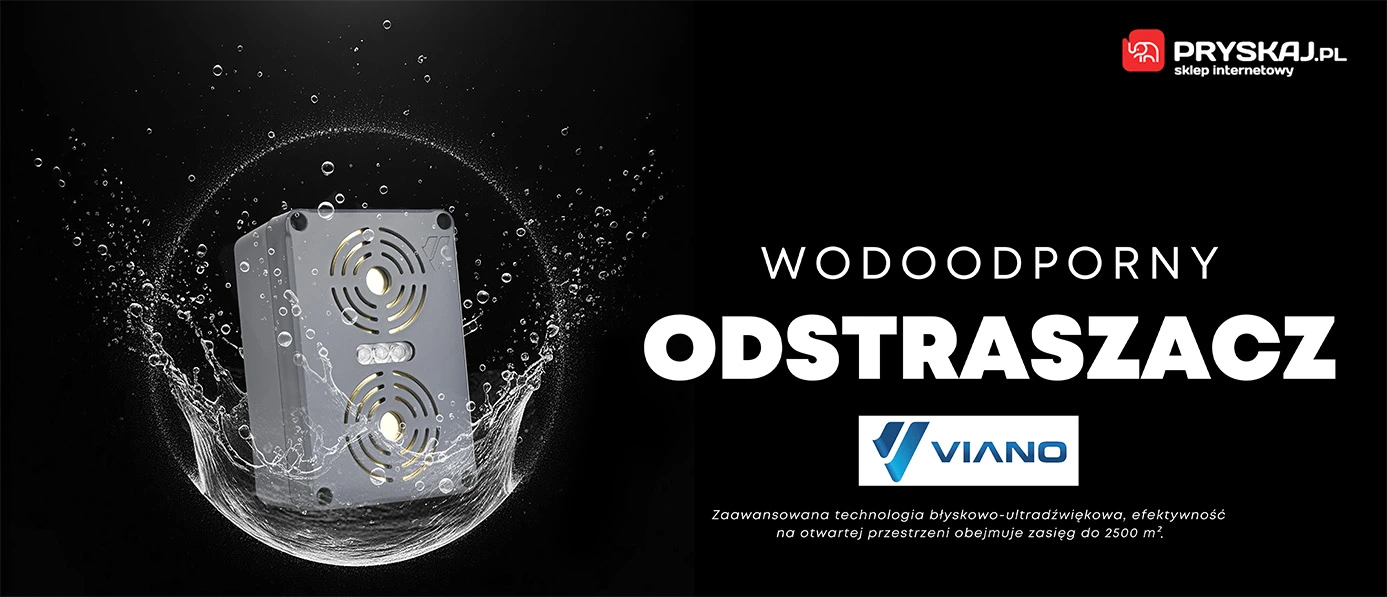 Baner reklamowy wodoodpornego odstraszacza Viano, z efektem rozprysku wody, informacją o zasięgu do 2500 m² i logo sklepu Pryskaj.pl.