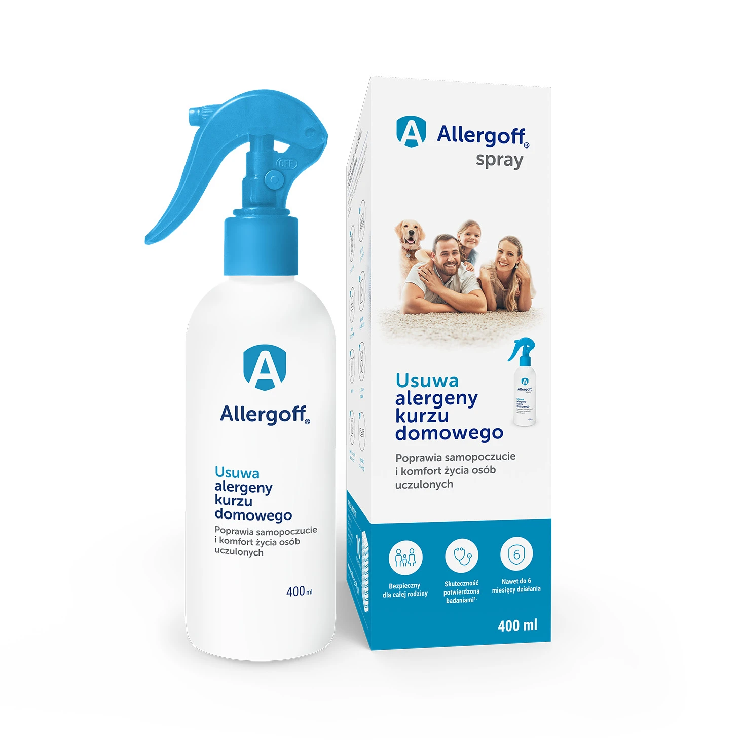 Allergoff Spray 400 ml – neutralizator alergenów kurzu domowego z atomizerem i opakowaniem.