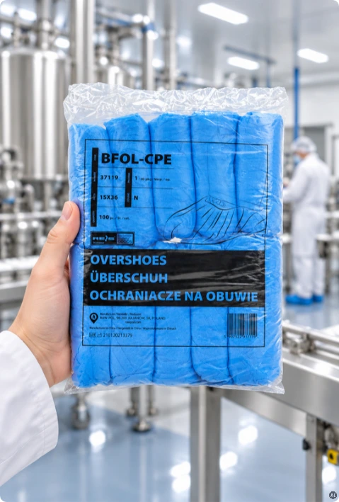 dłoń trzymająca opakowanie 100 sztuk niebieskich ochraniaczy na obuwie BFOL-CPE na tle hali produkcyjnej z maszynami ze stali nierdzewnej