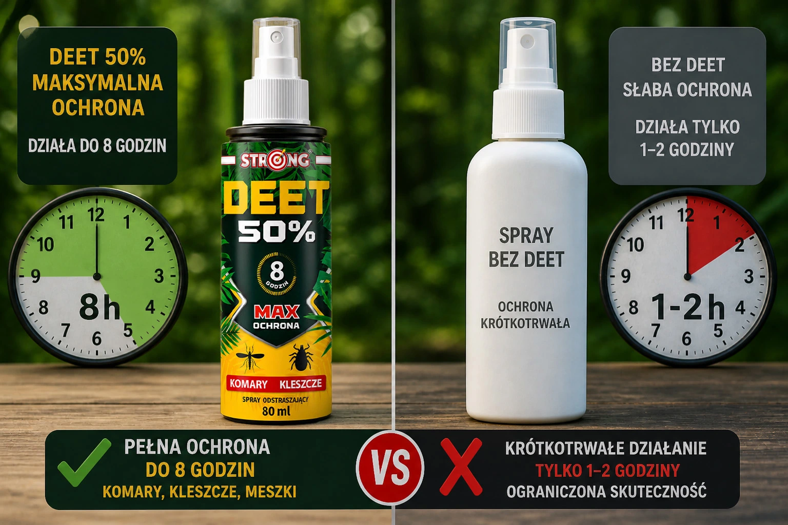 Porównanie sprayów na owady: DEET 50% zapewnia do 8 godzin ochrony, bez DEET tylko 1–2 godziny, niższa skuteczność
