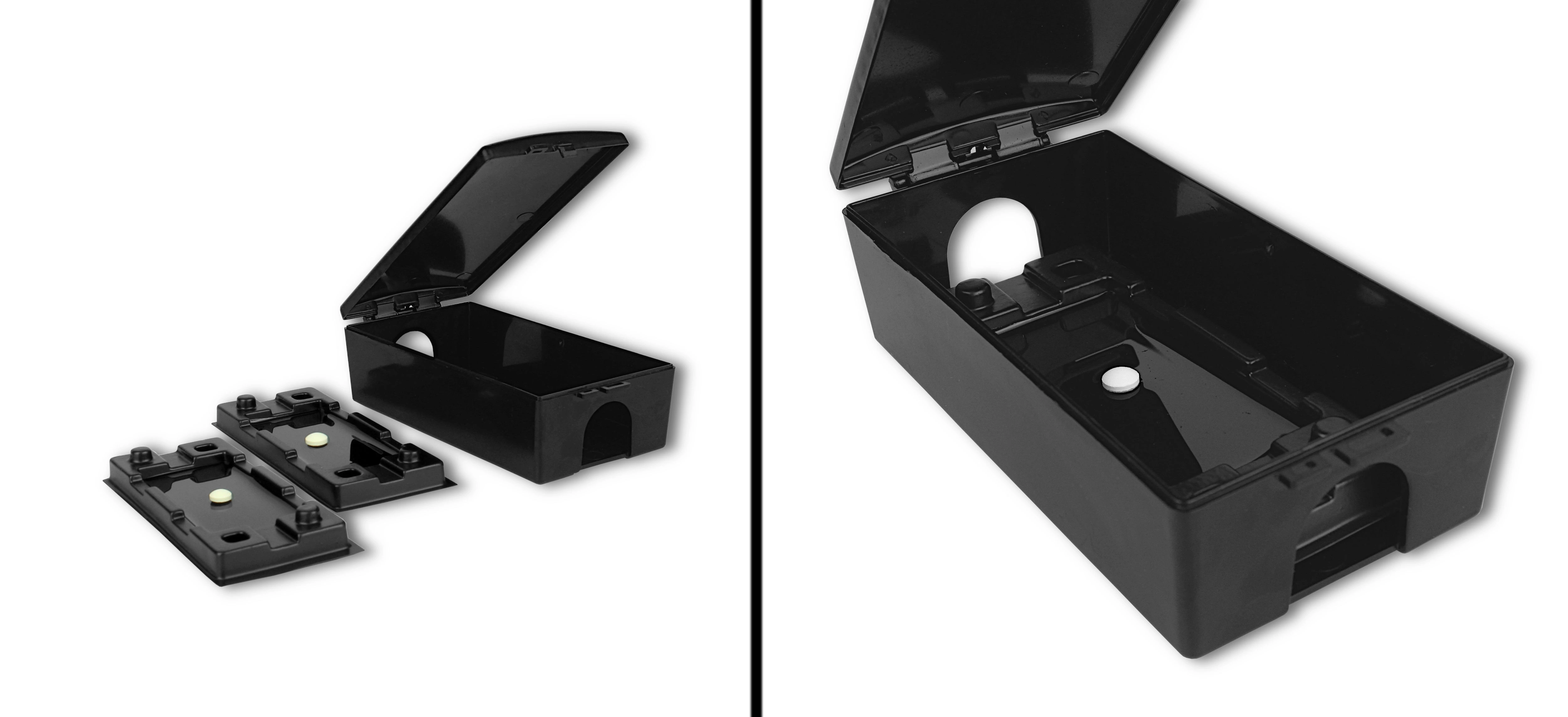 Czarna stacja deratyzacyjna z otwieraną pokrywą, na dwóch zdjęciach: pusta oraz z wyjętymi wkładami klejowymi.