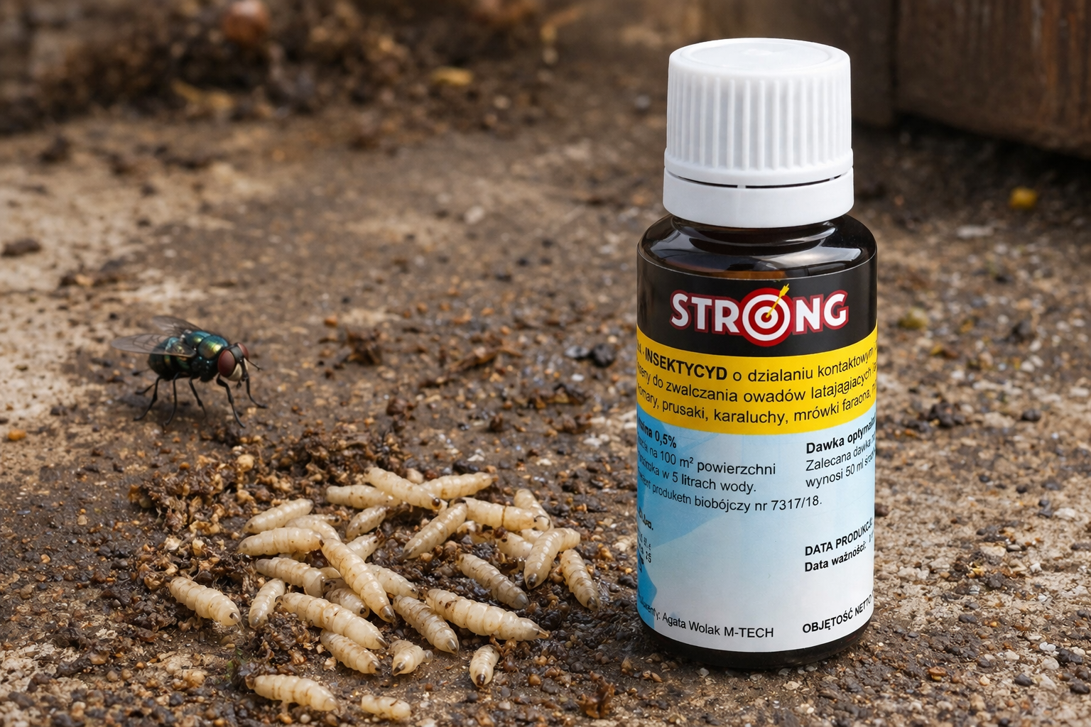 Preparat owadobójczy STRONG przy larwach muchy plujki na odpadach organicznych – zwalczanie larw i much.