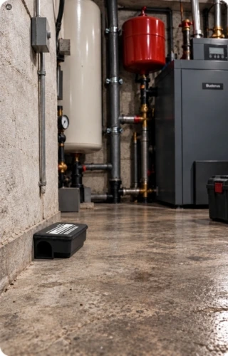 Czarny karmnik deratyzacyjny stoi na podłodze w pomieszczeniu technicznym. W tle widoczne są rury, zbiorniki i urządzenia instalacji grzewczej.