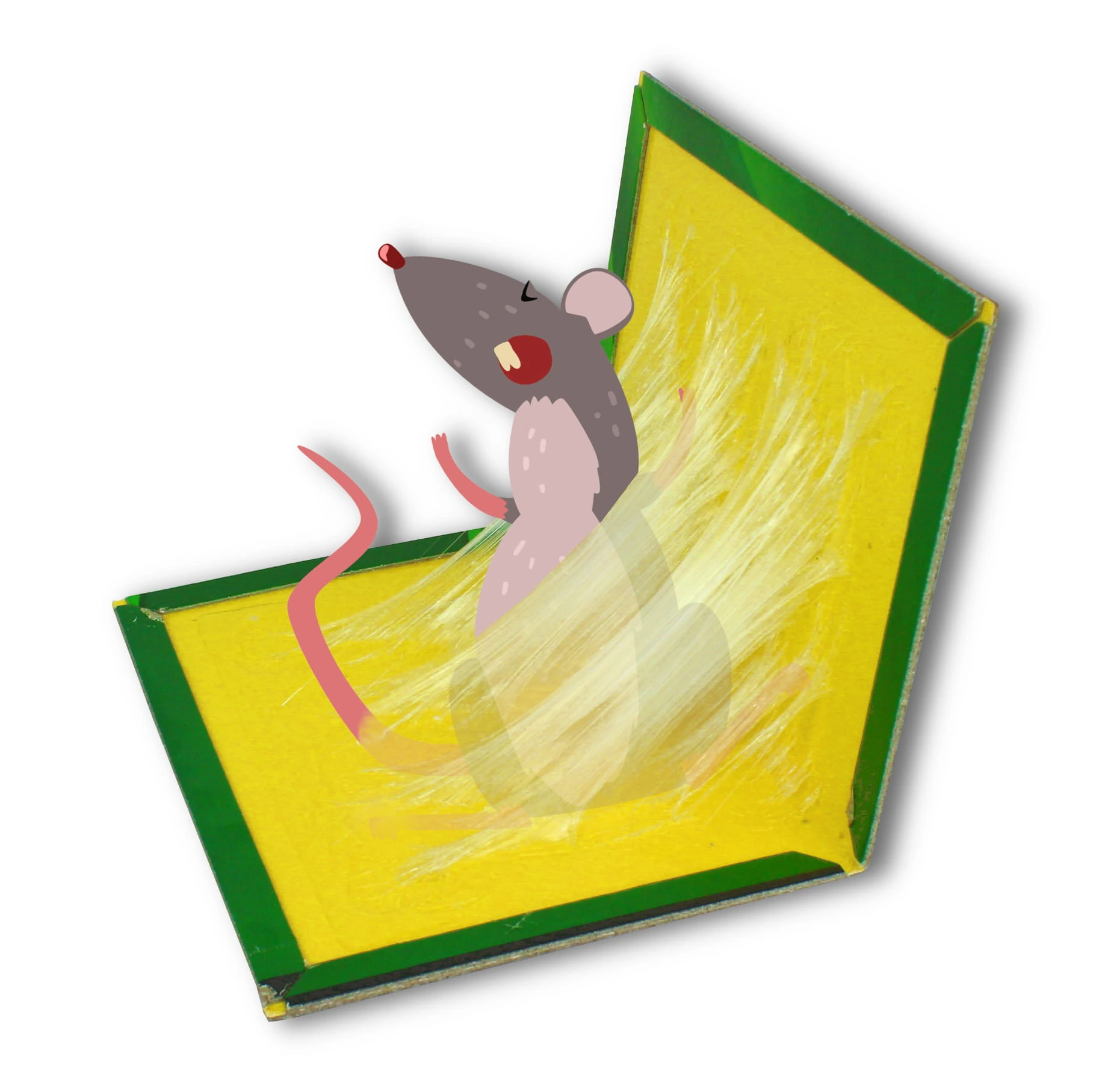 Ilustracja przedstawia mysz uwięzioną w pułapce klejowej – skuteczna metoda na zwalczanie gryzoni w pomieszczeniach.