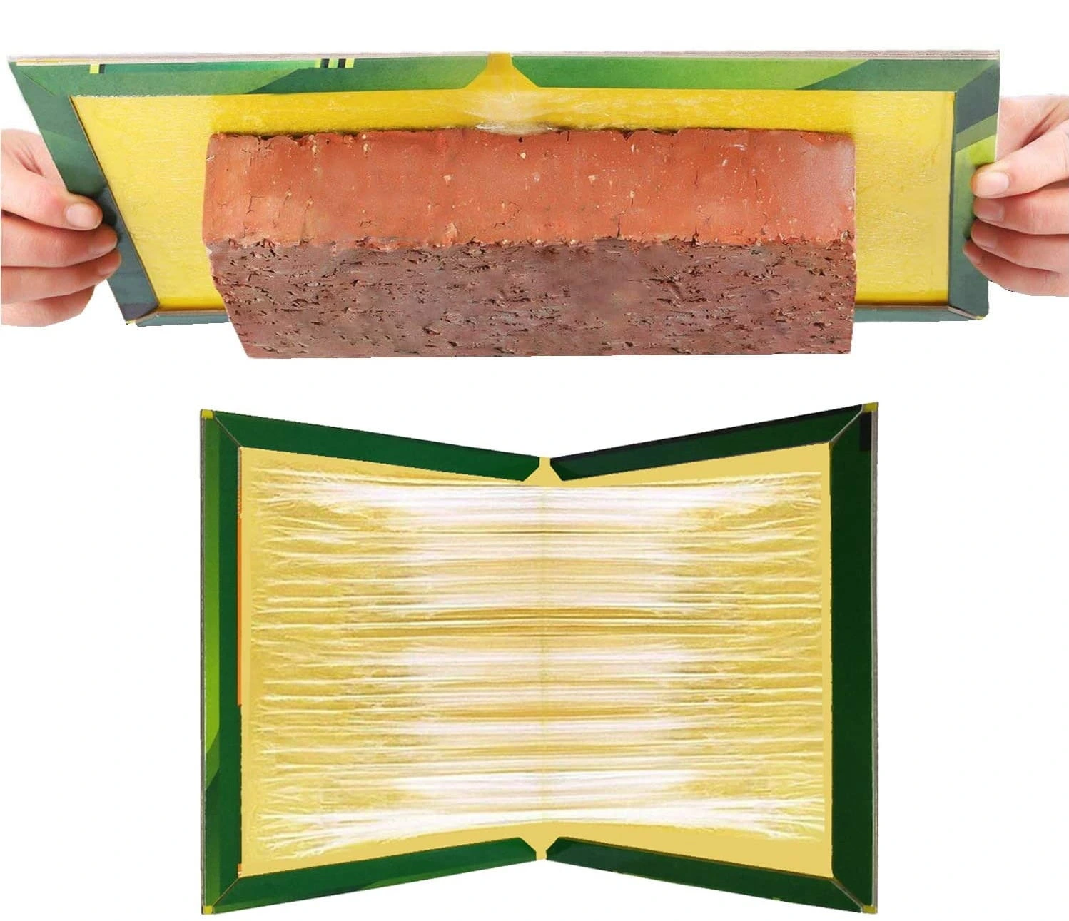 Pułapka klejowa w zielonej oprawie, uniesiona z przyklejoną cegłą dla pokazania siły kleju; poniżej widok na pustą powierzchnię lepka z rozciągniętym klejem.