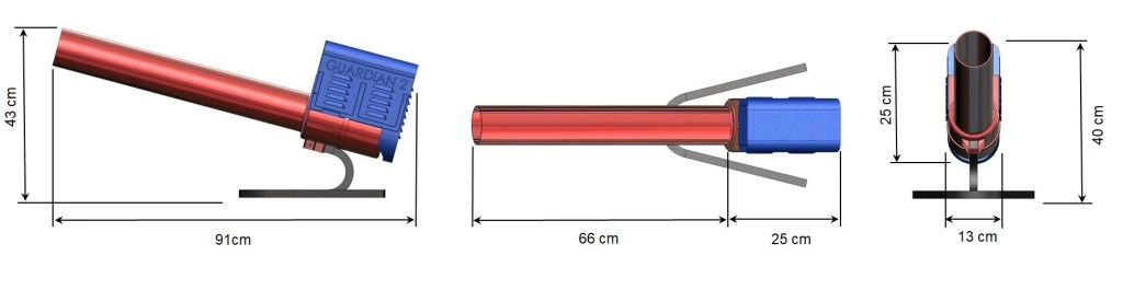 Schemat urządzenia Guardian 2 – gazowego odstraszacza dźwiękowego, z wymiarami: długość 91 cm, wysokość 43 cm, szerokość podstawy 13 cm, wysokość tylna 40 cm.