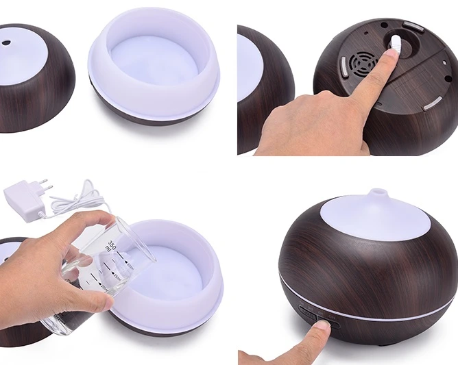 Czarny nawilżacz powietrza w stylu drewna, pokazany w czterech krokach montażu i uruchamiania.