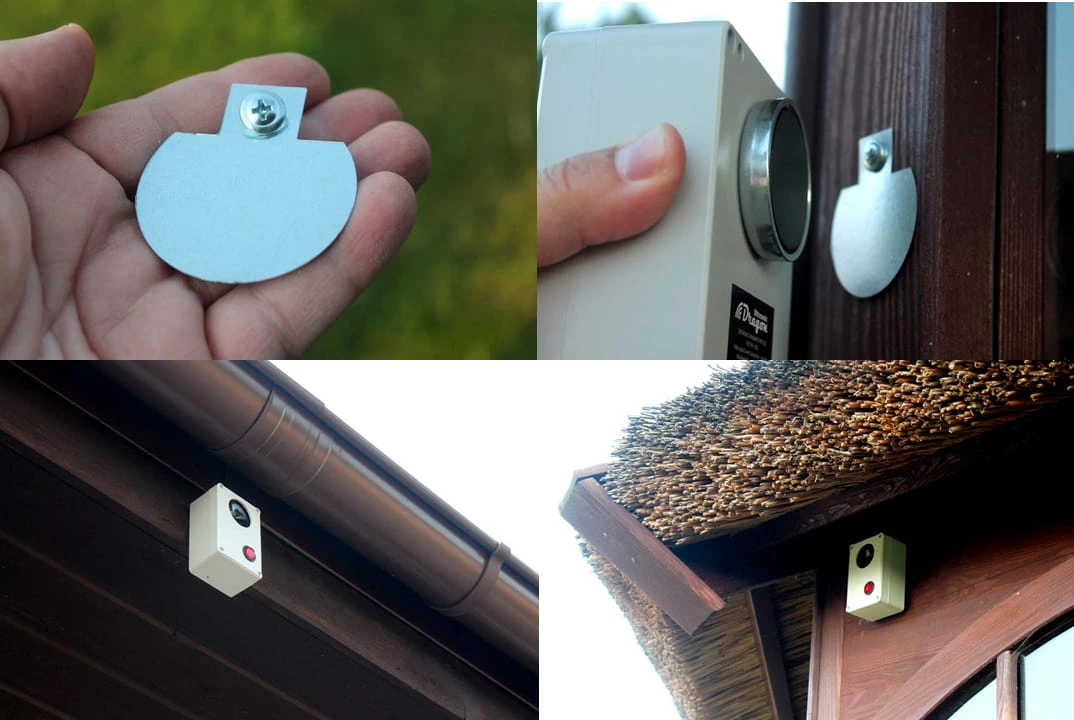 Montaż ultradźwiękowego odstraszacza gryzoni: pokazany uchwyt magnetyczny w dłoni, przykład mocowania urządzenia do metalowej blaszki oraz dwa miejsca instalacji – pod rynną i pod strzechą budynku.