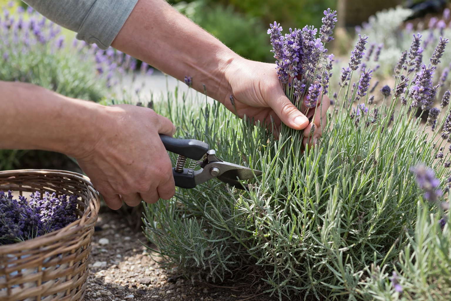 Przycinanie lawendy sekatorem, dłonie trzymają fioletowe kwiaty, obok koszyk na zbiory w ogrodzie.
