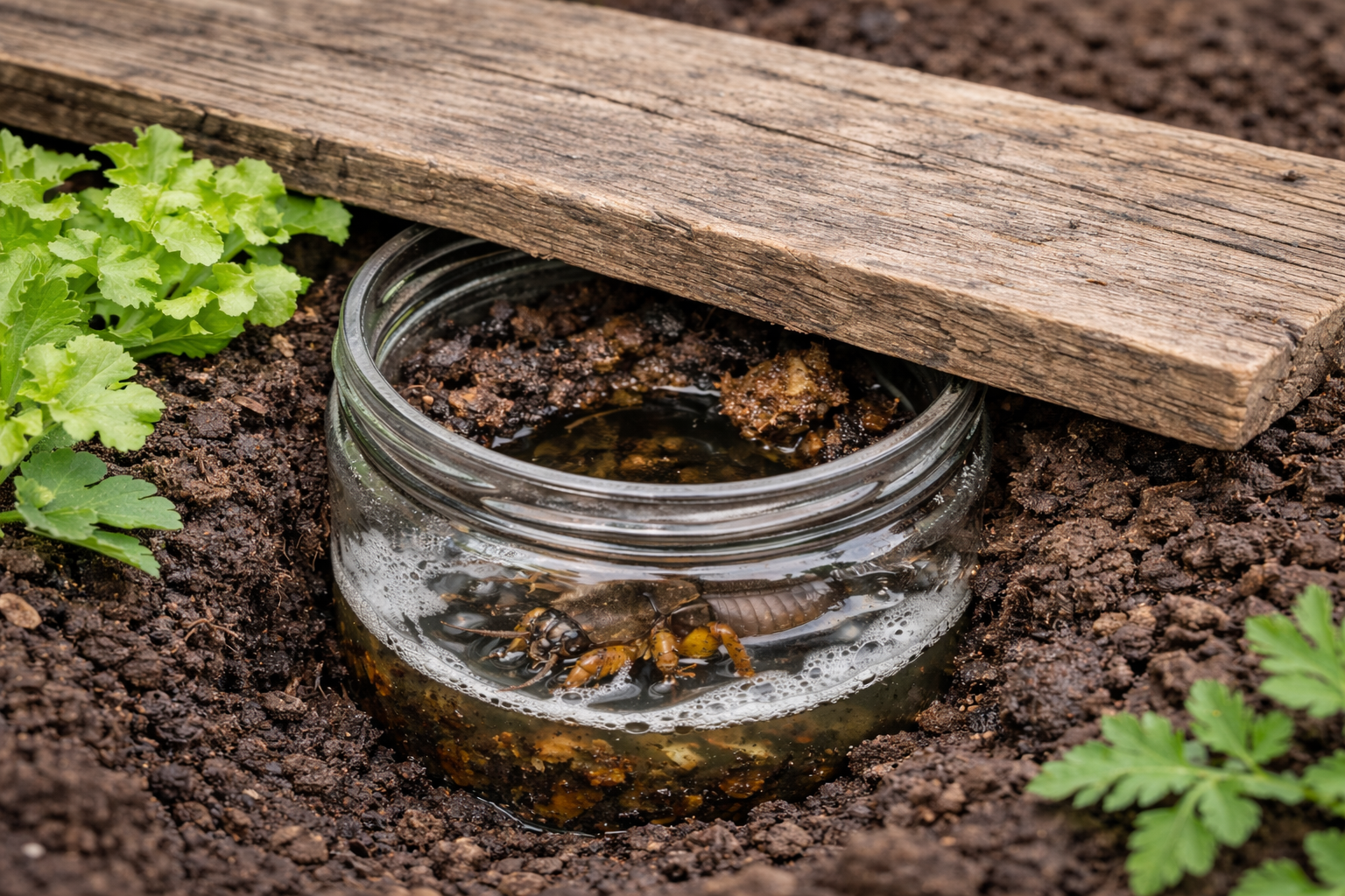 Pułapka na turkucia podjadka w ogrodzie – słoik wkopany w ziemię z wodą i przynętą przykryty deską.