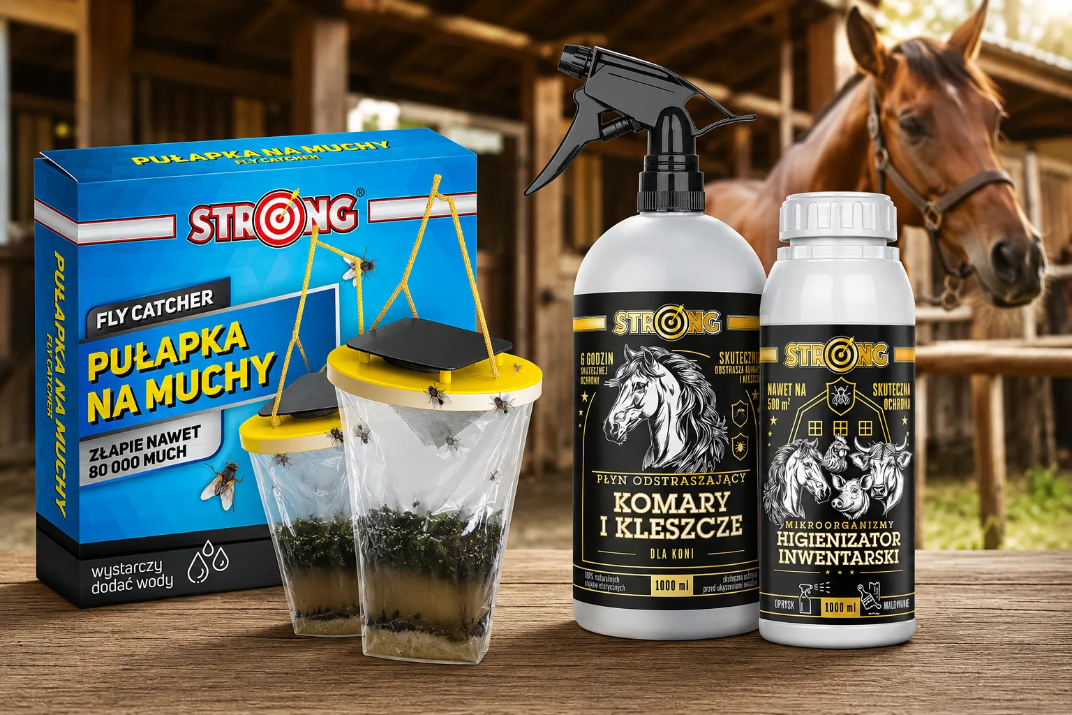 STRONG HORSE PROTECT – zestaw dla koni ze sprayem na komary i kleszcze, pułapkami na muchy oraz higienizatorem inwentarskim na tle stajni z koniem