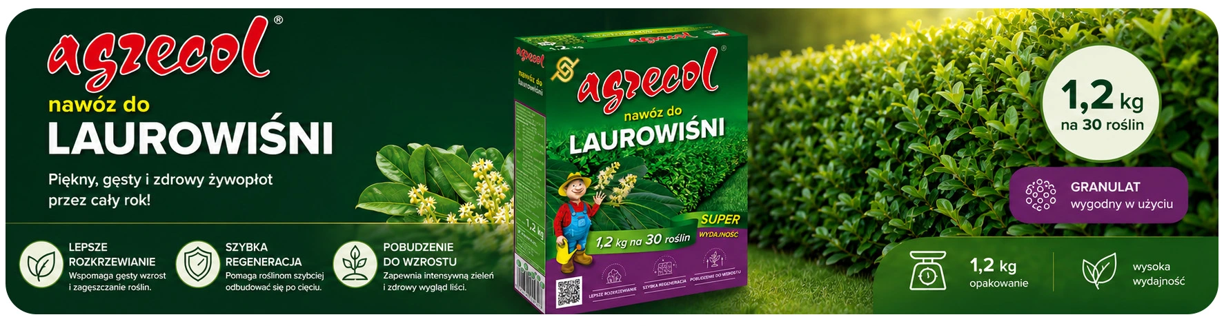 Baner nawozu Agrecol do laurowiśni z opakowaniem produktu, żywopłotem oraz informacją o wydajności 1,2 kg na 30 roślin.