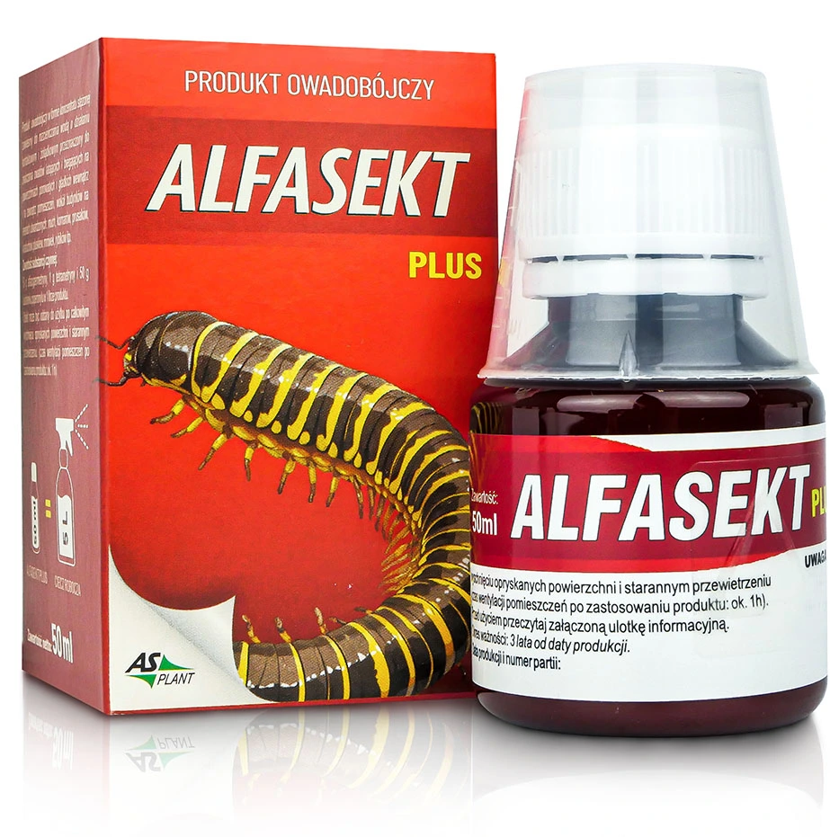 Alfasekt Plus produkt owadobójczy w butelce z dozownikiem i czerwonym opakowaniem