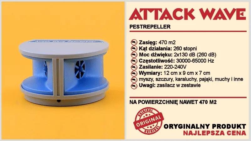 Owadobójczy odstraszacz ultradźwiękowy Attack Wave, niebiesko-szary, na pomarańczowym tle; obok szczegóły techniczne i promocyjne.