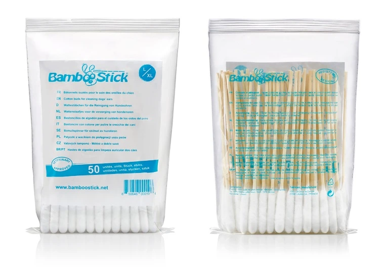 Na zdjęciu widoczne są bambusowe patyczki higieniczne Bamboostick L/XL, przeznaczone do czyszczenia uszu psów. Opakowanie zawiera 50 sztuk.