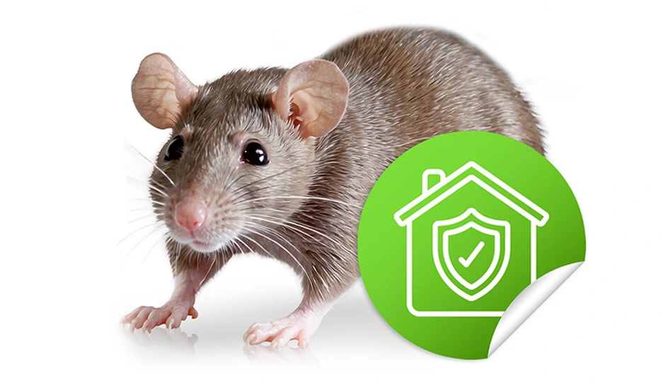Szczur na białym tle, obok zielona ikona domu z tarczą i znakiem zatwierdzenia, symbolizująca ochronę przed gryzoniami.