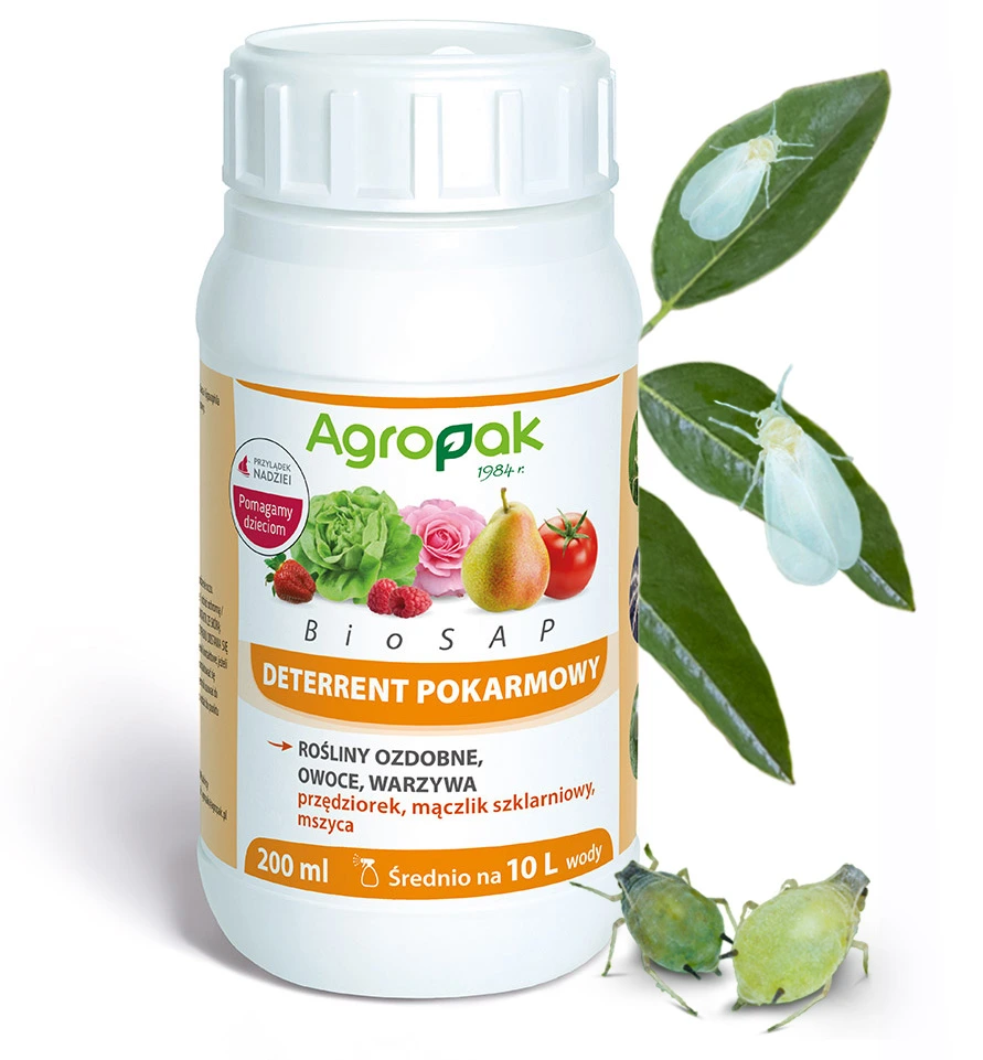 Deterrent pokarmowy Agropak BioSAP, 200 ml, na 10 l wody; odstrasza szkodniki w warzywach, owocach i roślinach ozdobnych.