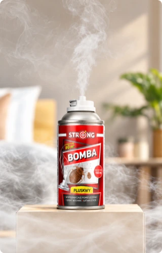 bomba zamgławiająca strong na pluskwy 150 ml stojąca na podwyższeniu w pomieszczeniu wypełnionym mgłą preparatu