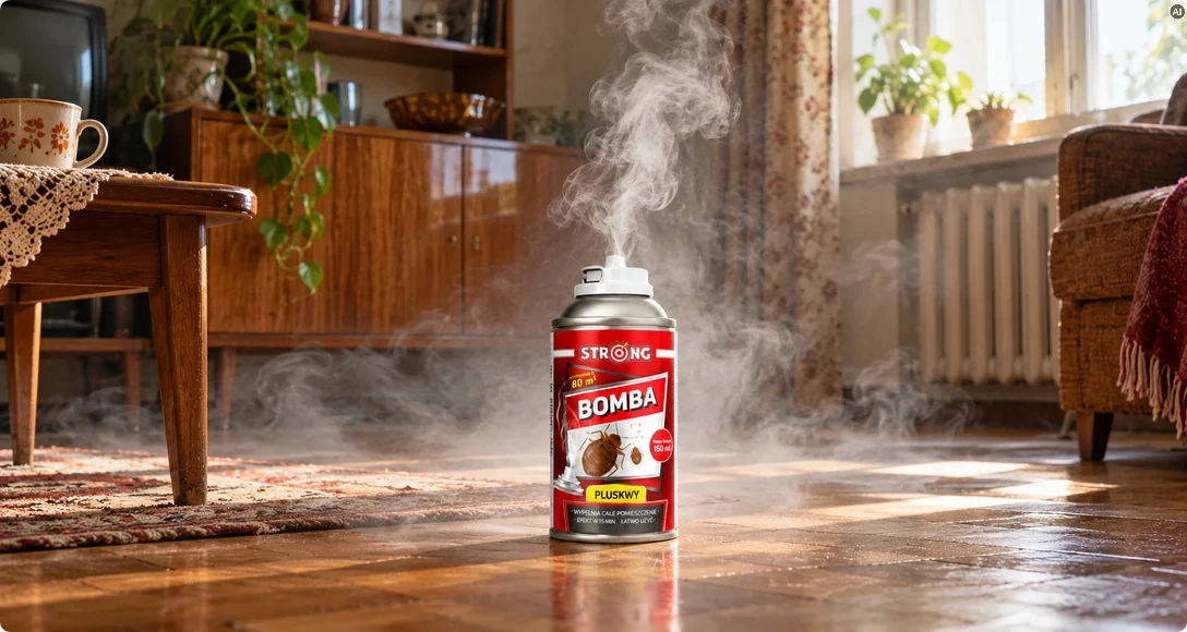 bomba na pluskwy strong 150 ml samopróżniający aerozol zamgławiający ustawiony na podłodze w salonie podczas uwalniania mgły owadobójczej