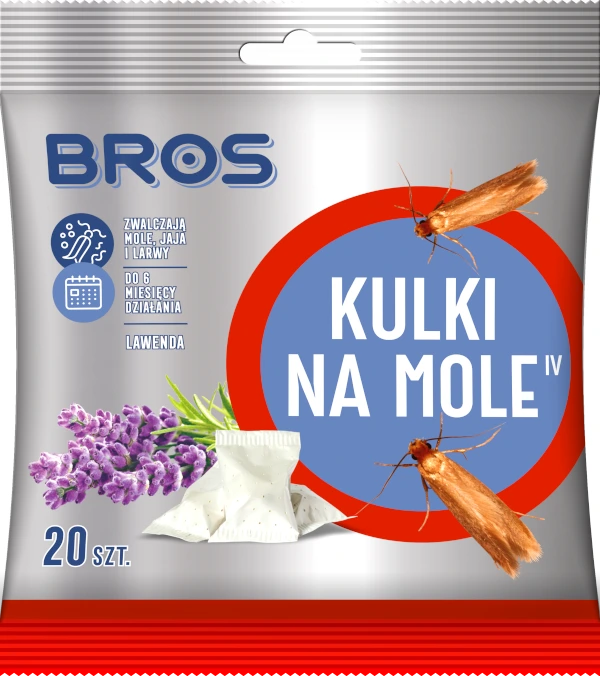 Kulki lawendowe na mole BROS 20 szt, skuteczna ochrona odzieży przed molami, zwalczanie jaj i larw moli.
