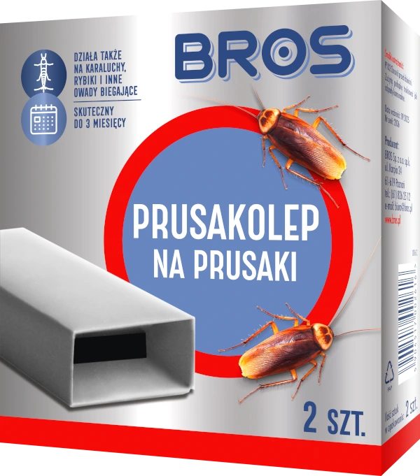 Opakowanie produktu BROS Prusakolep na prusaki, 2 sztuki, z ilustracją karaluchów i pułapki lepowej.