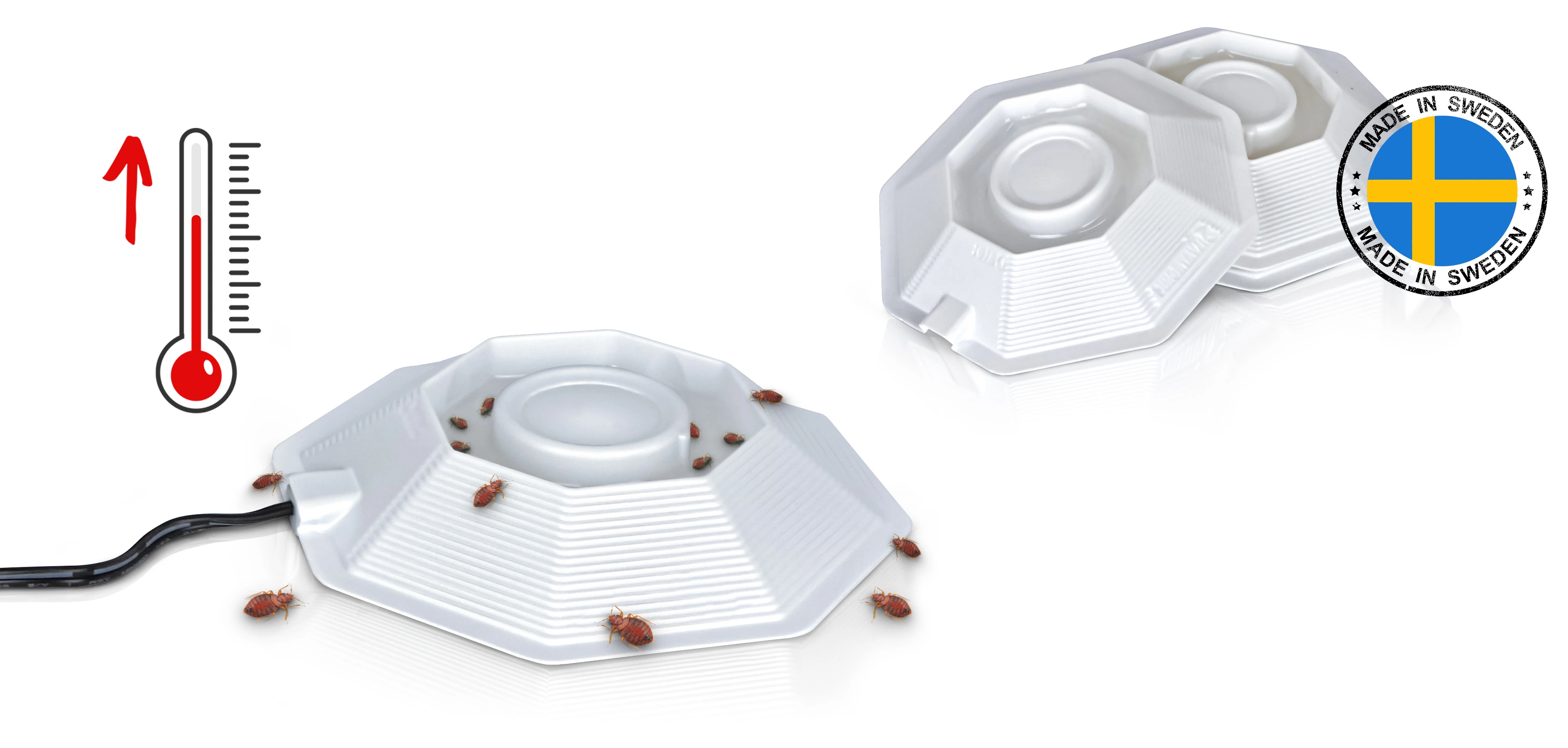 Białe pułapki monitorujące pluskwy w kształcie ośmiokąta, jedna z podłączonym przewodem i pluskwami w środku; obok symbol podwyższonej temperatury i znak „Made in Sweden”.