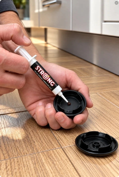 Dłoń wyciska kroplę żelu STRONG na prusaki i karaluchy ze strzykawki do czarnej plastikowej nakrętki.