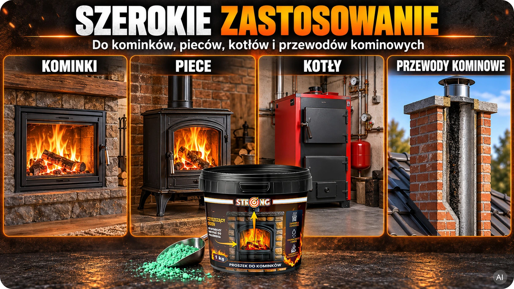 Grafika przedstawiająca szerokie zastosowanie proszku STRONG. Na pierwszym planie wiaderko i zielony proszek, w tle cztery panele: kominek, piec, kocioł oraz przewód kominowy.