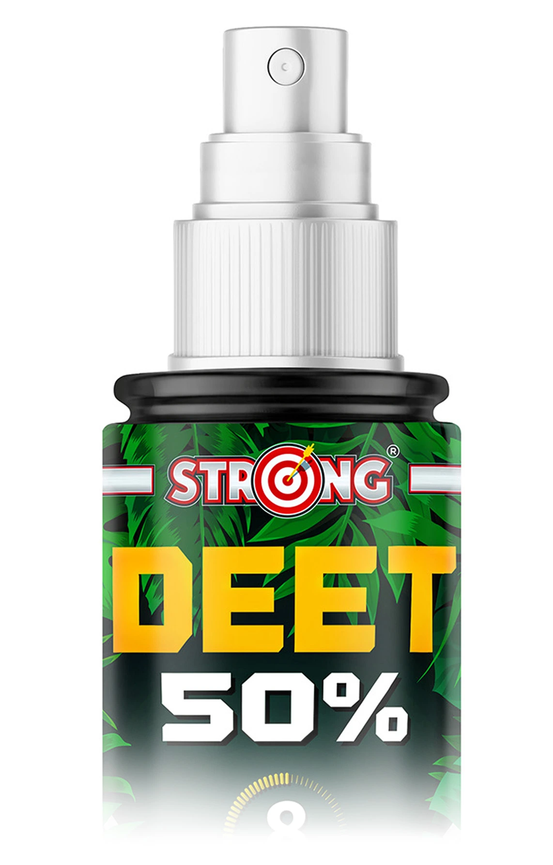 Spray STRONG DEET 50%, zbliżenie na górę butelki z białym atomizerem i zieloną etykietą