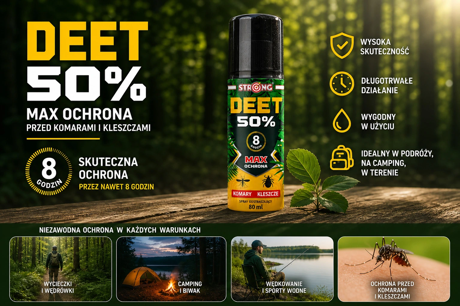 DEET 50% – spray odstraszający komary i kleszcze, do 8 godzin ochrony, butelka 80 ml, zastosowanie w terenie i podróży