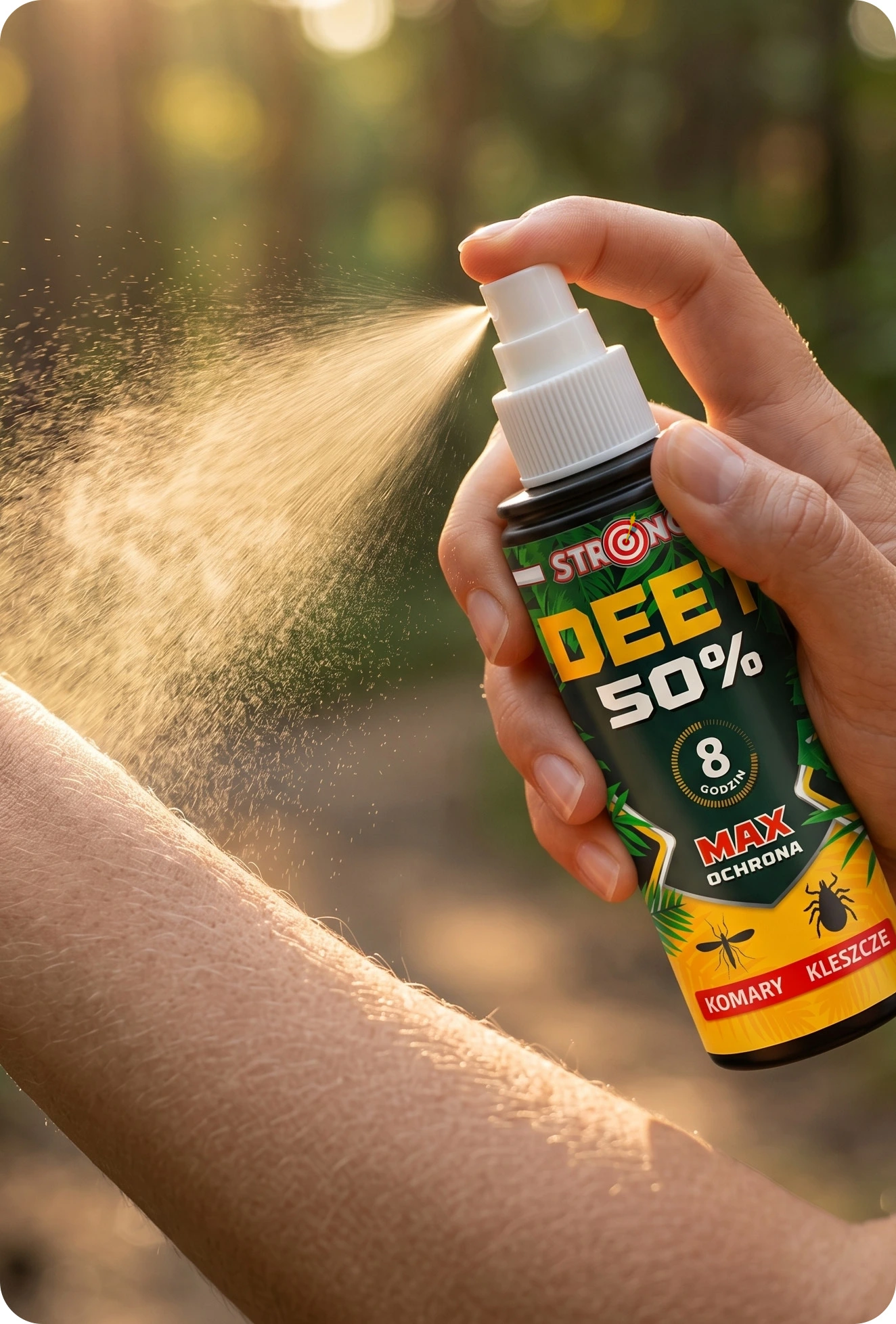 Spray STRONG DEET 50% aplikowany na skórę, butelka 80 ml z atomizerem, mgiełka preparatu, ochrona przed komarami i kleszczami