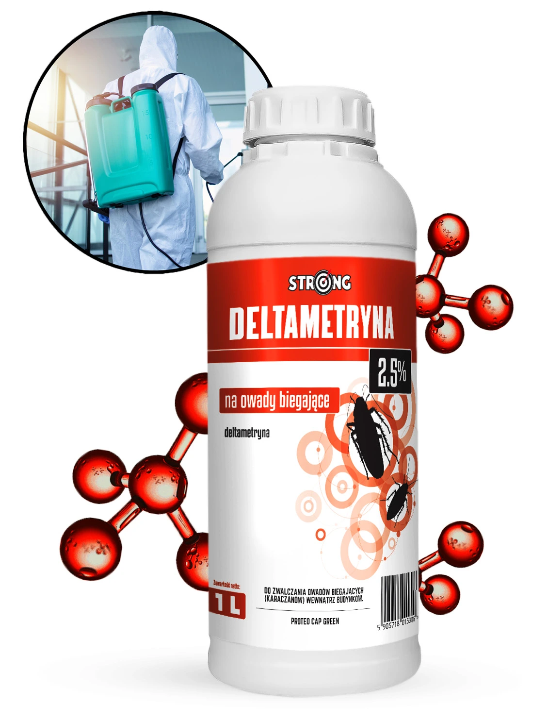 Preparat STRONG Deltametryna 2,5% w butelce 1 l, do zwalczania owadów biegających, głównie karaczanów, wewnątrz budynków.