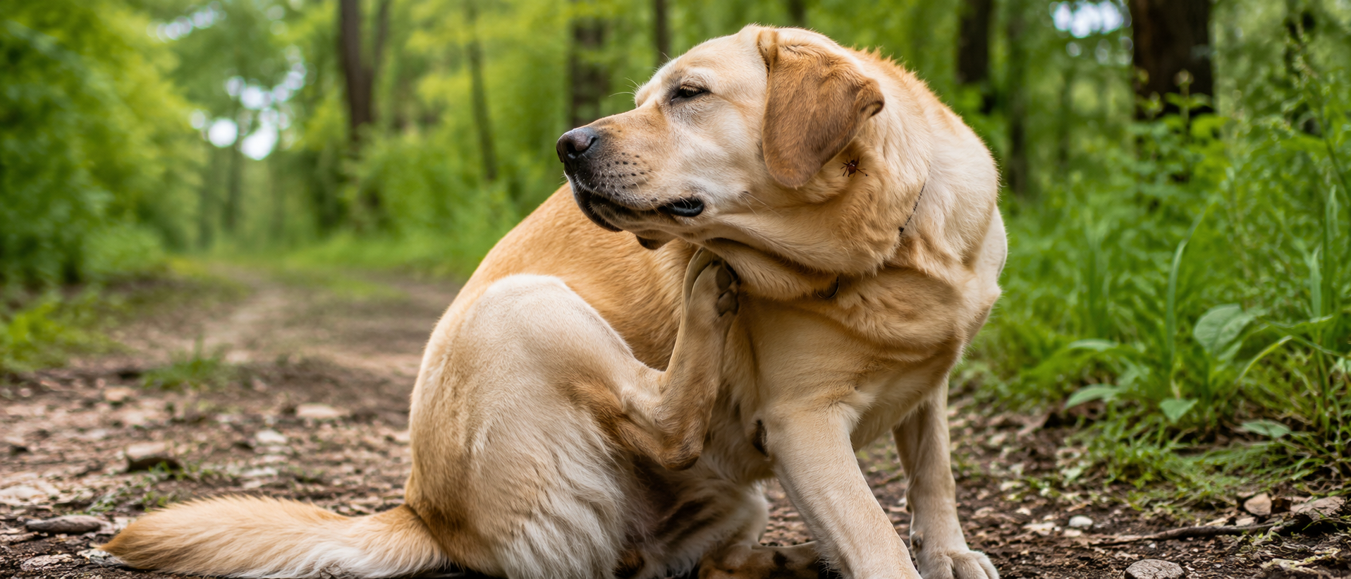 Labrador retriever drapiący się po spacerze w lesie z widocznym kleszczem przy uchu psa