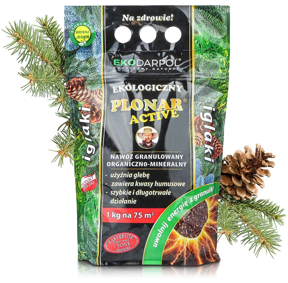 Ekologiczny nawóz Plonar Active do iglaków, 1 kg na 75 m², zawiera kwasy humusowe, działa szybko i długotrwale.