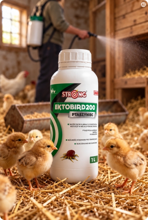 Preparat Ektobird 200 Ptaszyniec, 1l, otoczony kurczętami; w tle oprysk kurnika.