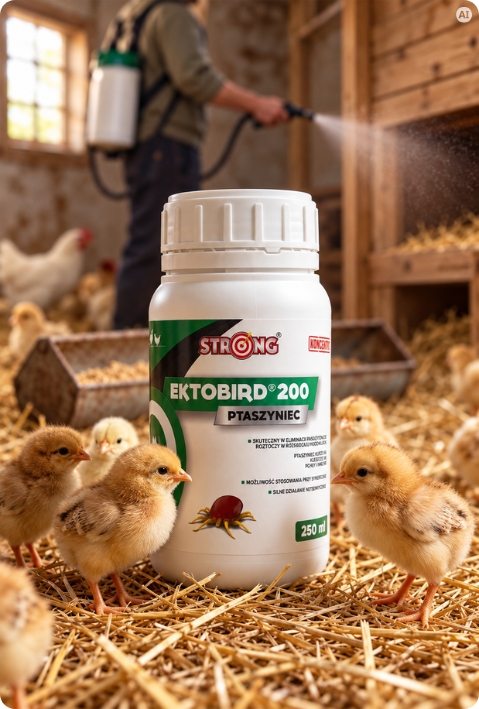 Preparat Ektobird 200 Ptaszyniec, 250 ml, otoczony kurczętami; w tle oprysk kurnika.
