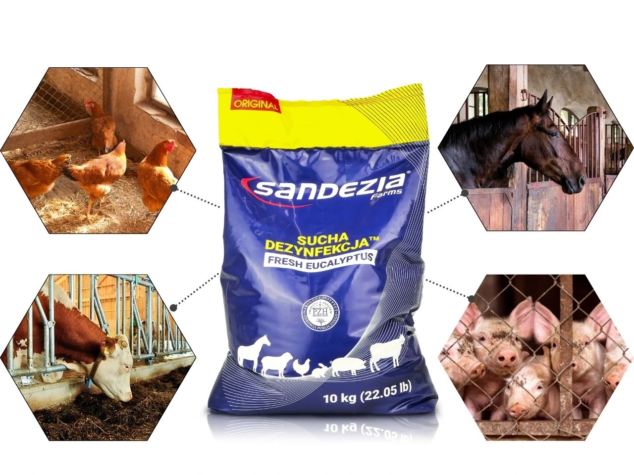 Preparat do suchej dezynfekcji w niebieskim worku - SAndezia 10kg, obok wizerunki zwirząt gospodarskich.