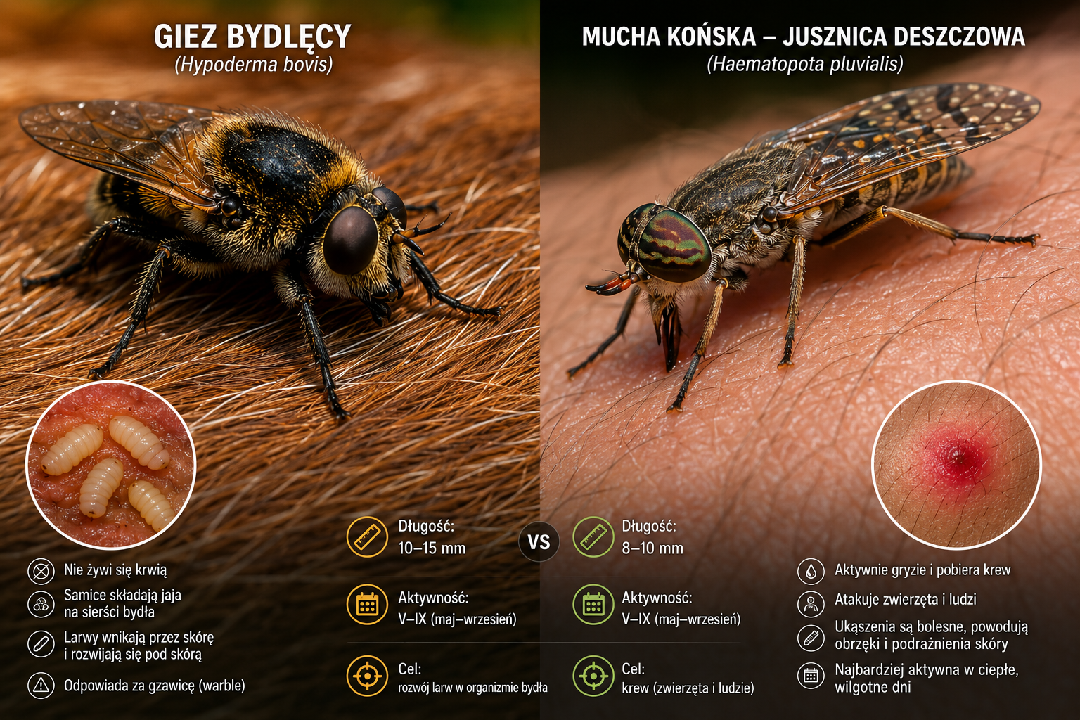 Porównanie gza bydlęcego (Hypoderma bovis) i jusznicy deszczowej (Haematopota pluvialis) – różnice w wyglądzie i sposobie żerowania