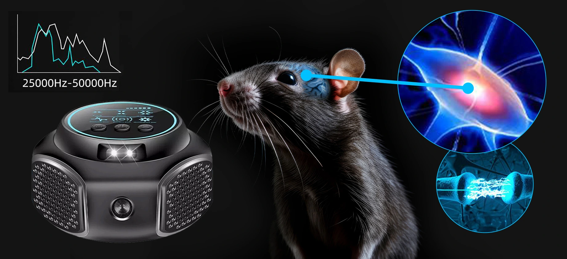 Grafika przedstawiająca działanie odstraszacza gryzoni emitującego ultradźwięki (25–50 kHz); promień skierowany na mózg szczura z ilustracją impulsów nerwowych.