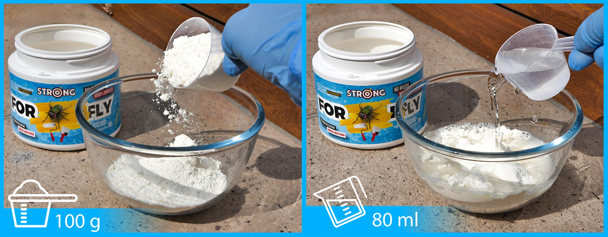 FOR FLY Strong – zmieszaj 100 g proszku z 80 ml wody, by uzyskać gotowy preparat do malowania pułapek na muchy.
