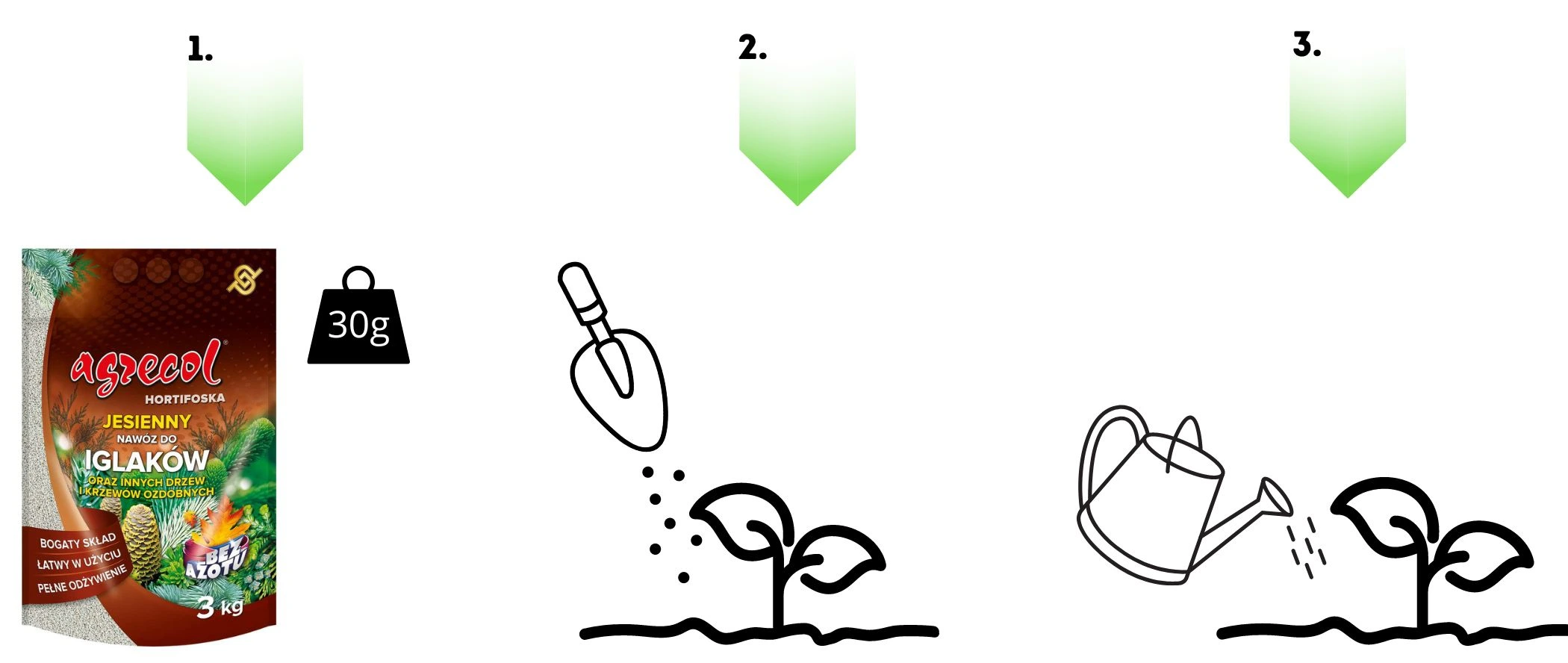 Odmierz 30 g nawozu Agrecol, rozsyp przy roślinie i podlej wodą, by ułatwić wchłanianie składników.