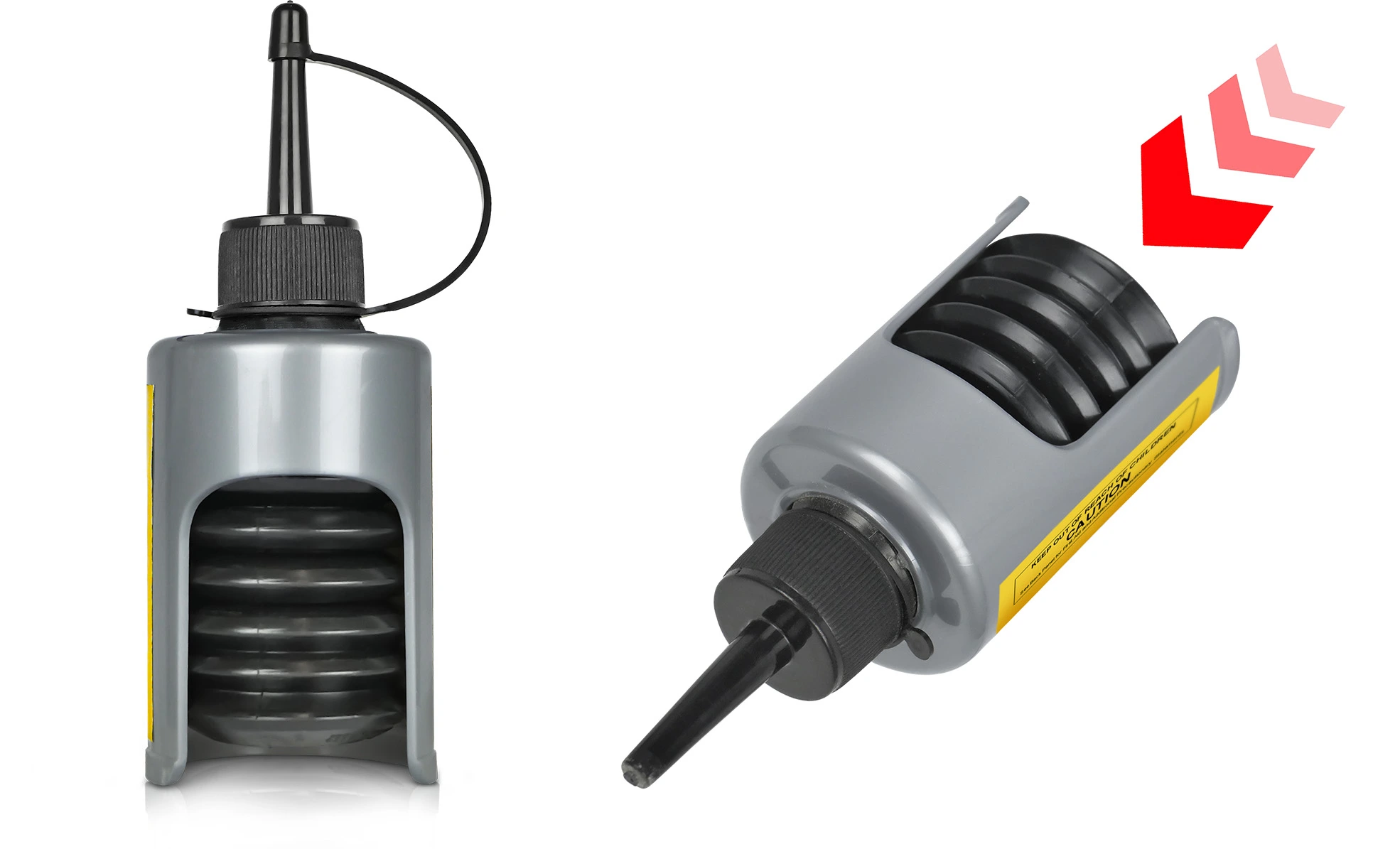 Butelka aplikatora proszku na pluskwy z elastycznym, czarnym mieszkiem dociskowym i precyzyjną końcówką dozującą.