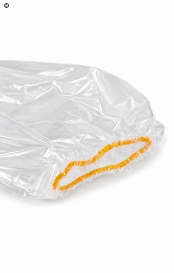 Przezroczysty foliowy ochraniacz na obuwie z pomarańczową elastyczną gumką.