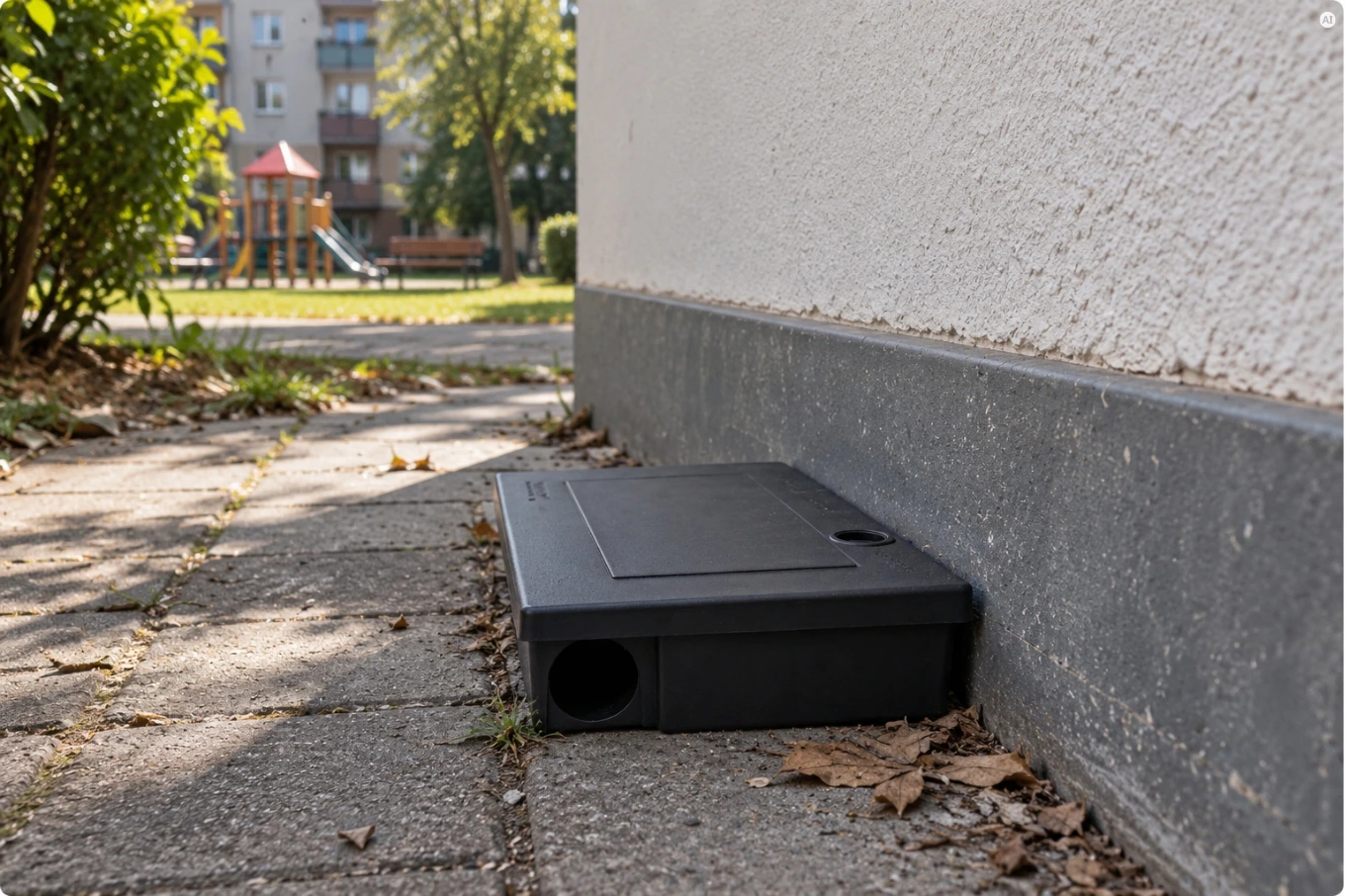 Czarna stacja deratyzacyjna ustawiona przy ścianie budynku, obok chodnika i placu zabaw.