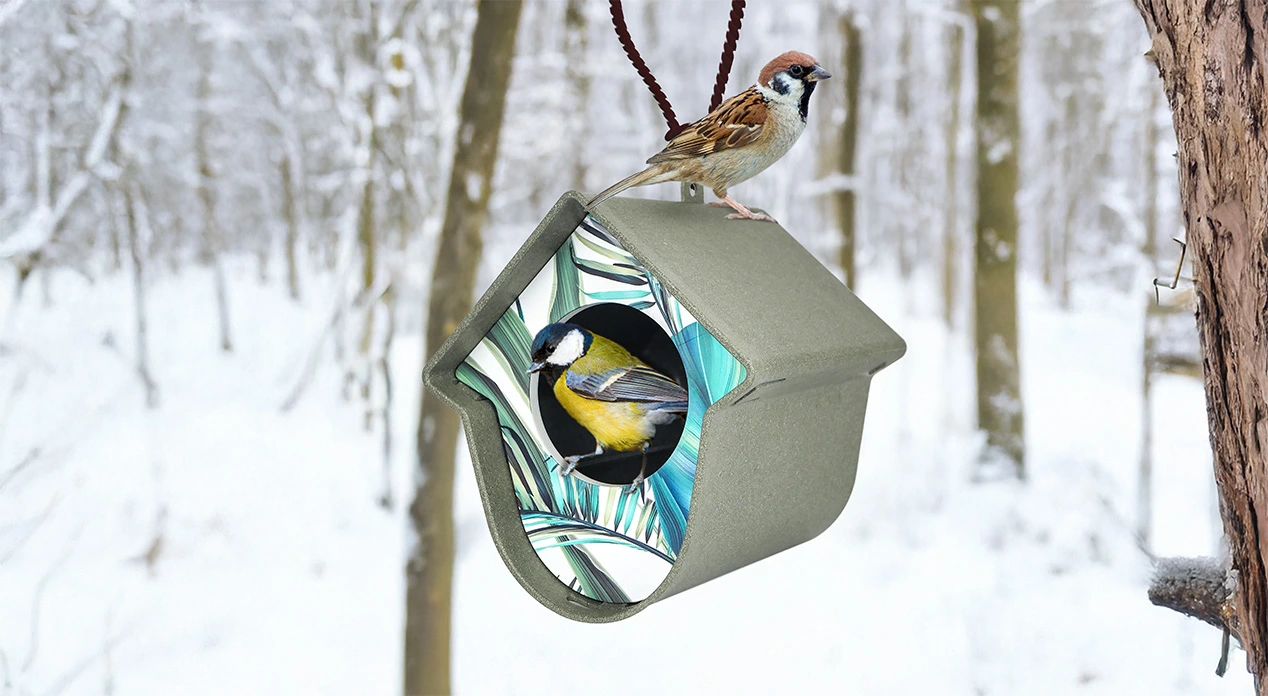 Sikorka siedząca w wiszącym karmniku, na tle ośnieżonego lasu.